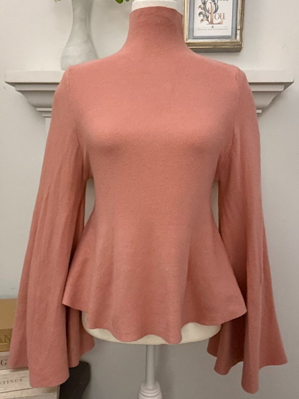 Dusty Rose Mock Neck Peplum Sweater Dramatic Bell Sleeves S